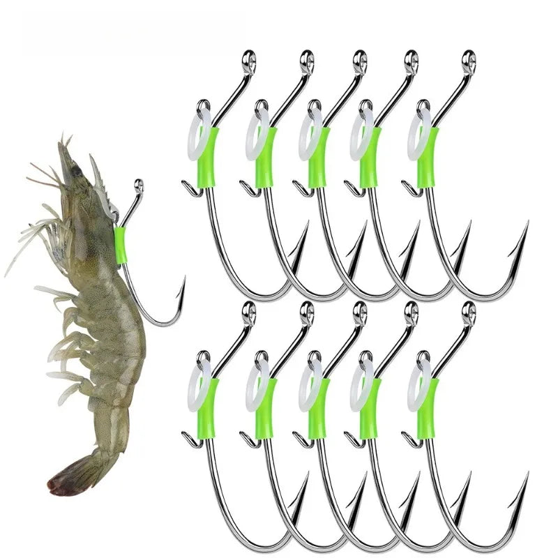 Spring-Loaded Shrimp Hooks — 10 Pack, Stainless